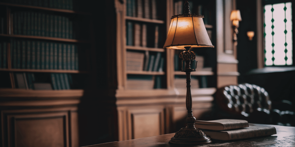 image of old library with desk and lamp